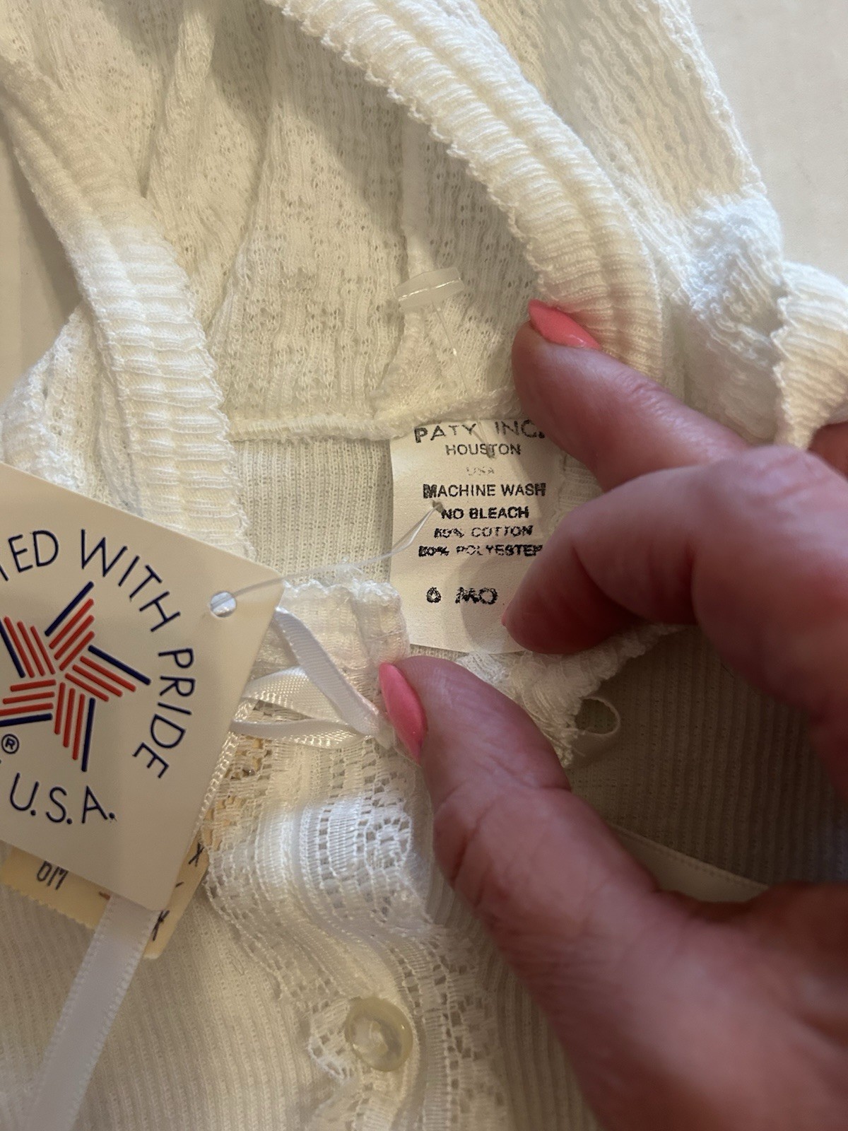 Vtg Paty Baby Gown White Size 6 Months Lace Knit Ribbon Tie Hooded USA NOS