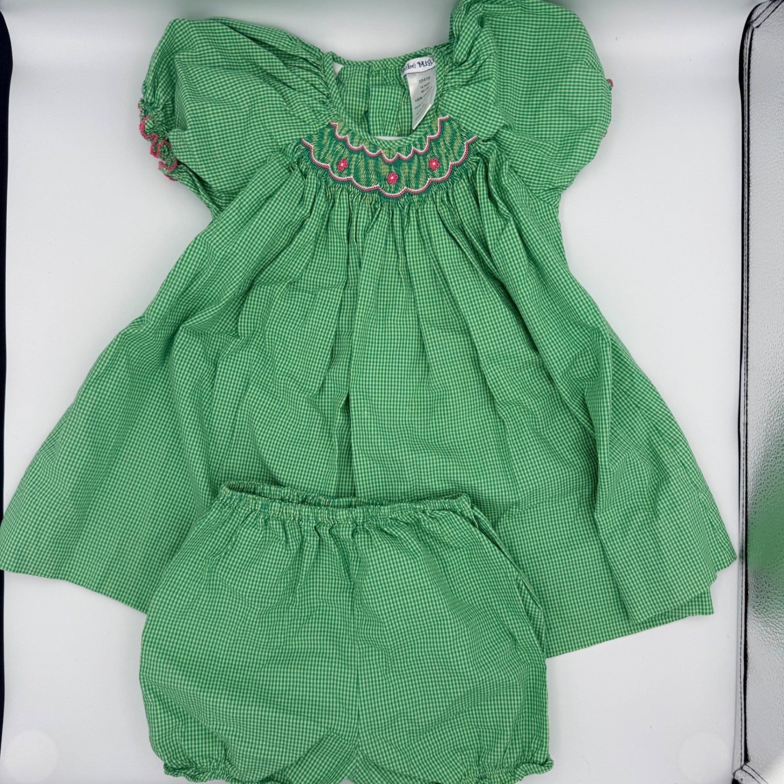 Bebe Mignon Green Gingham Smocked Dress and Bloomers Set 18M Cotton 3241B
