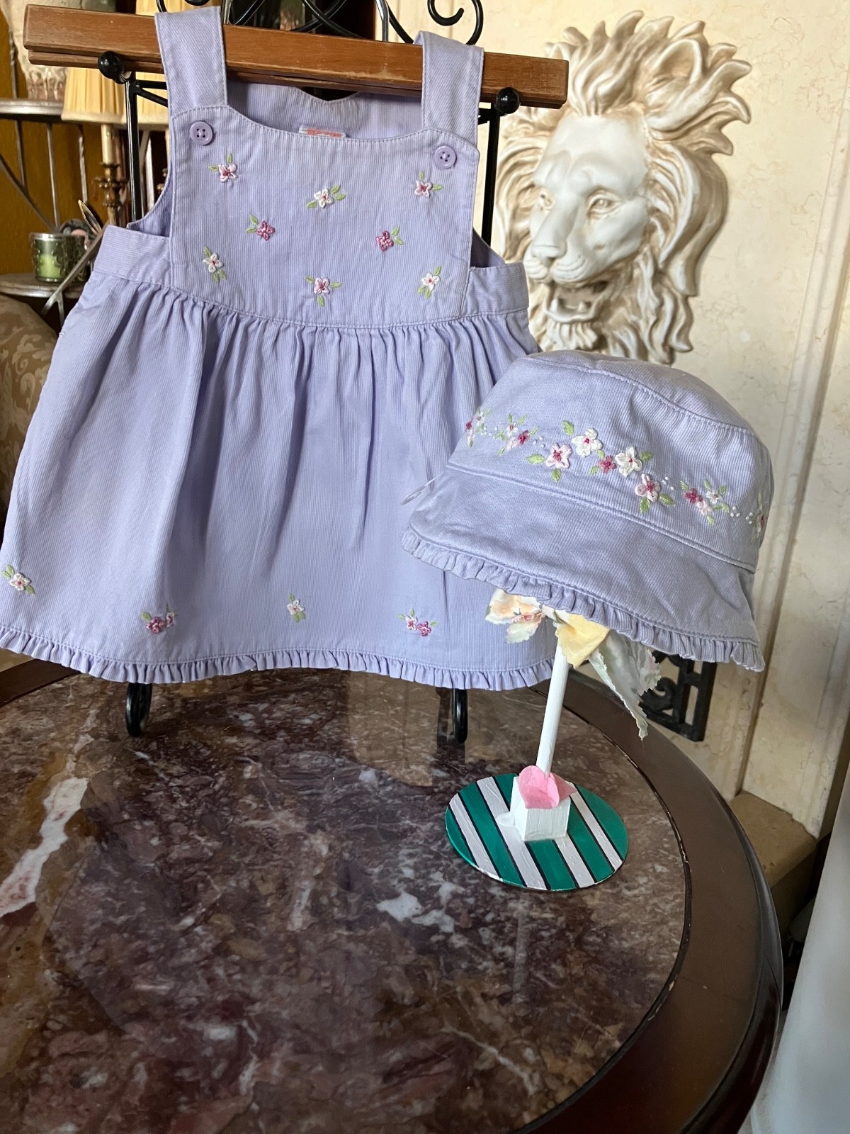 Vtg Gymboree 02 Flower Baby dress w grow sides hat ribbon flowers lavender 3-6