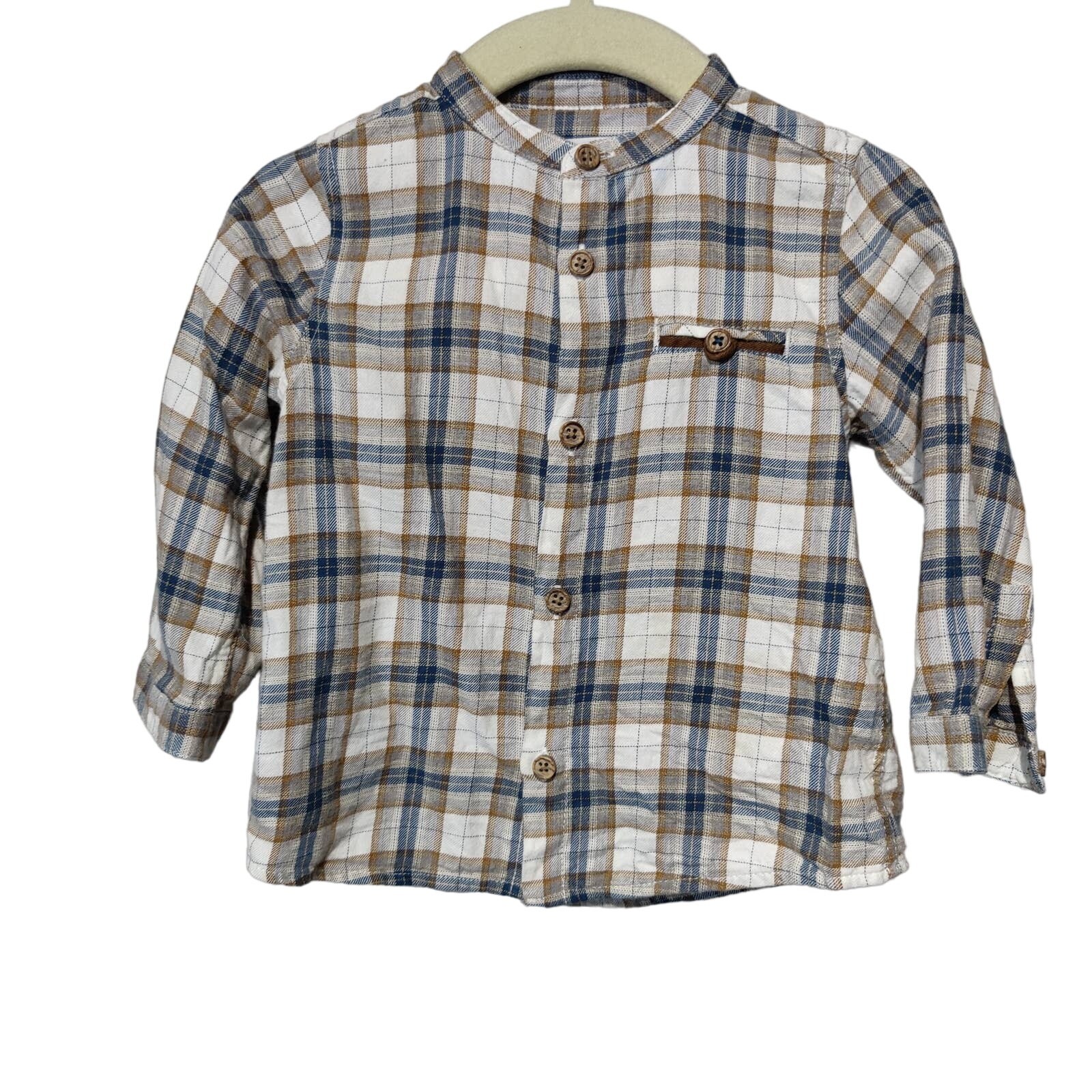 Baby Boys Sz 12mos Wheat Overalls Zara Plaid Long Sleeve Shirt Grey Tan