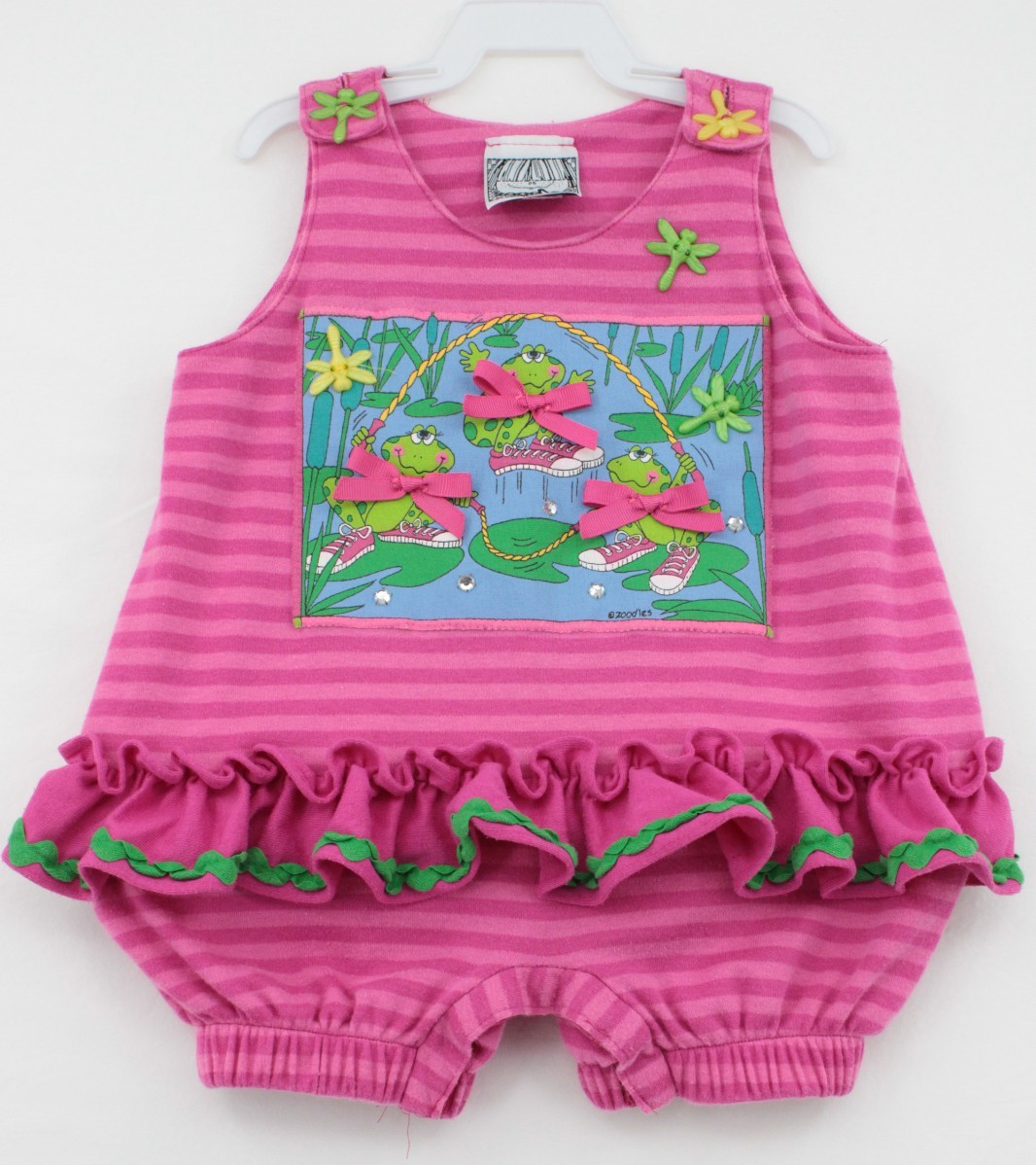 VTG Zoodles Romper Baby Girl 9 12 Month Pink Frogs Dragonfly Buttons Snap Ruffle