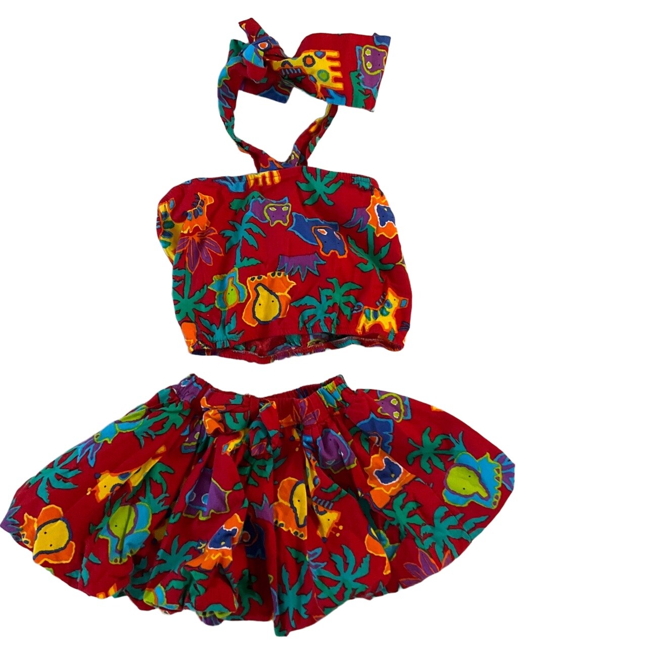 Cotton Kids Red Halter Tie Strap Top and Skirt Colorful Safari Print Set 4T