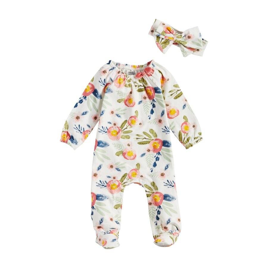 Mud Pie Floral Footed Sleeper & Headband Set 0-3M 3-6M 6-9M