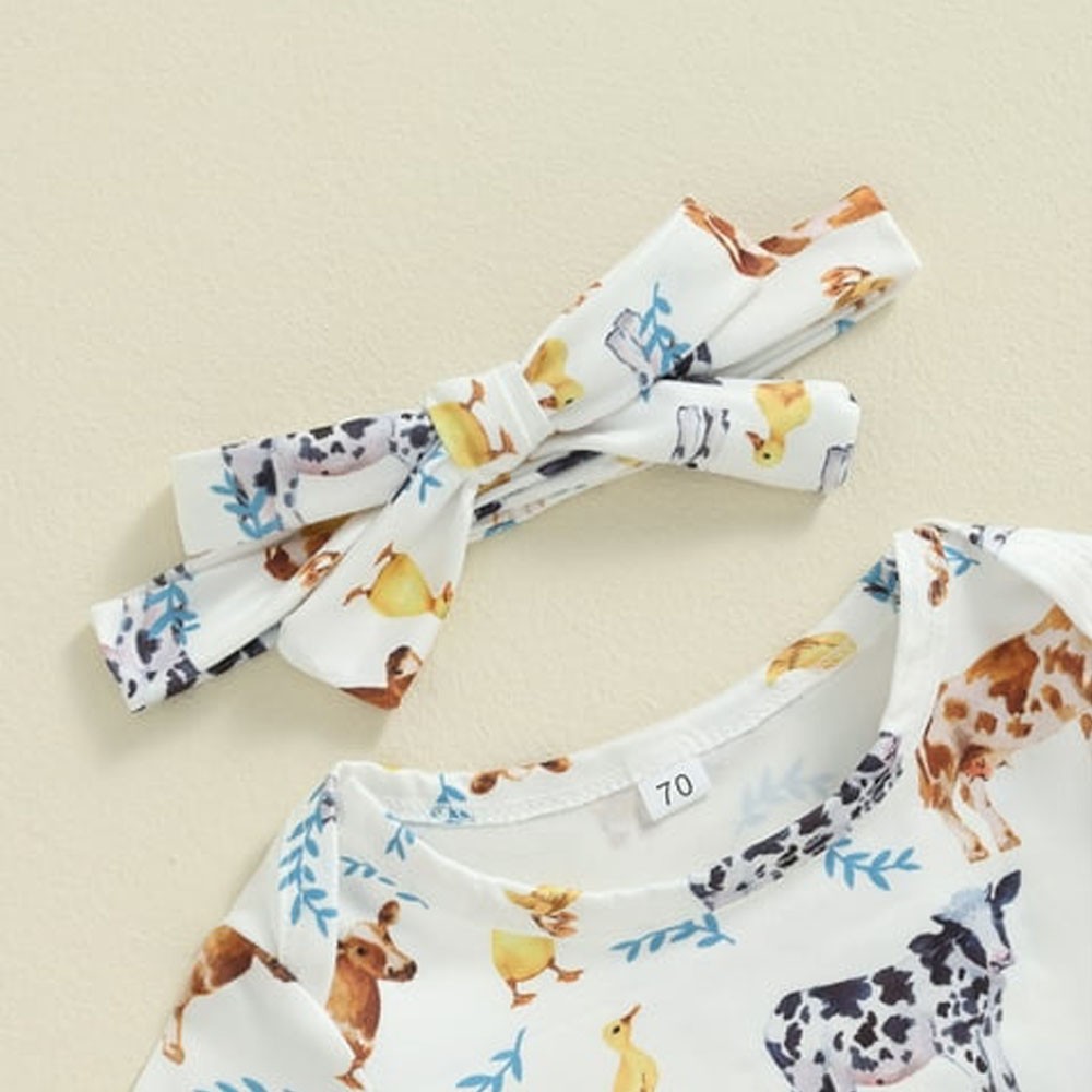 Newborn Baby Girls Boys Cow-print Jumpsuit Shorts Headband Clothing Bodysuit Set
