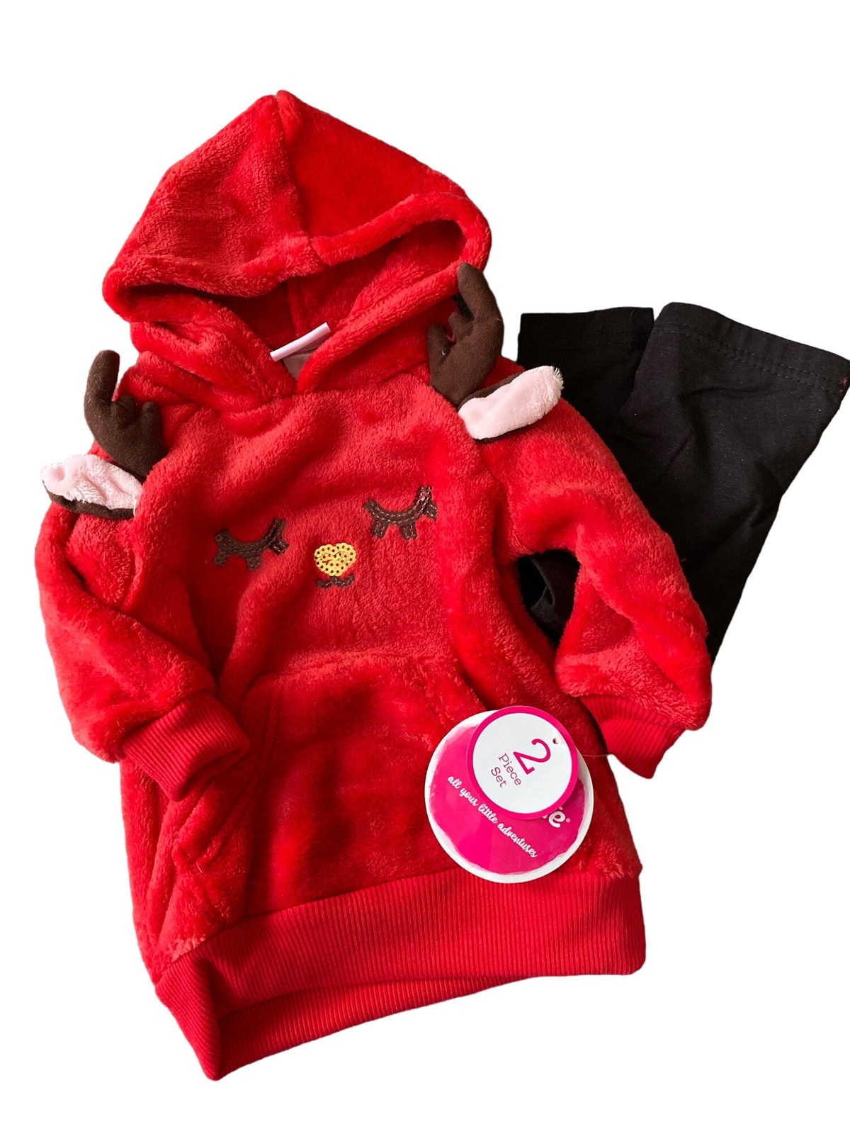 Nannette Kids Red fleece reindeer Top black Leggings 2 Piece Outfit 12M Months