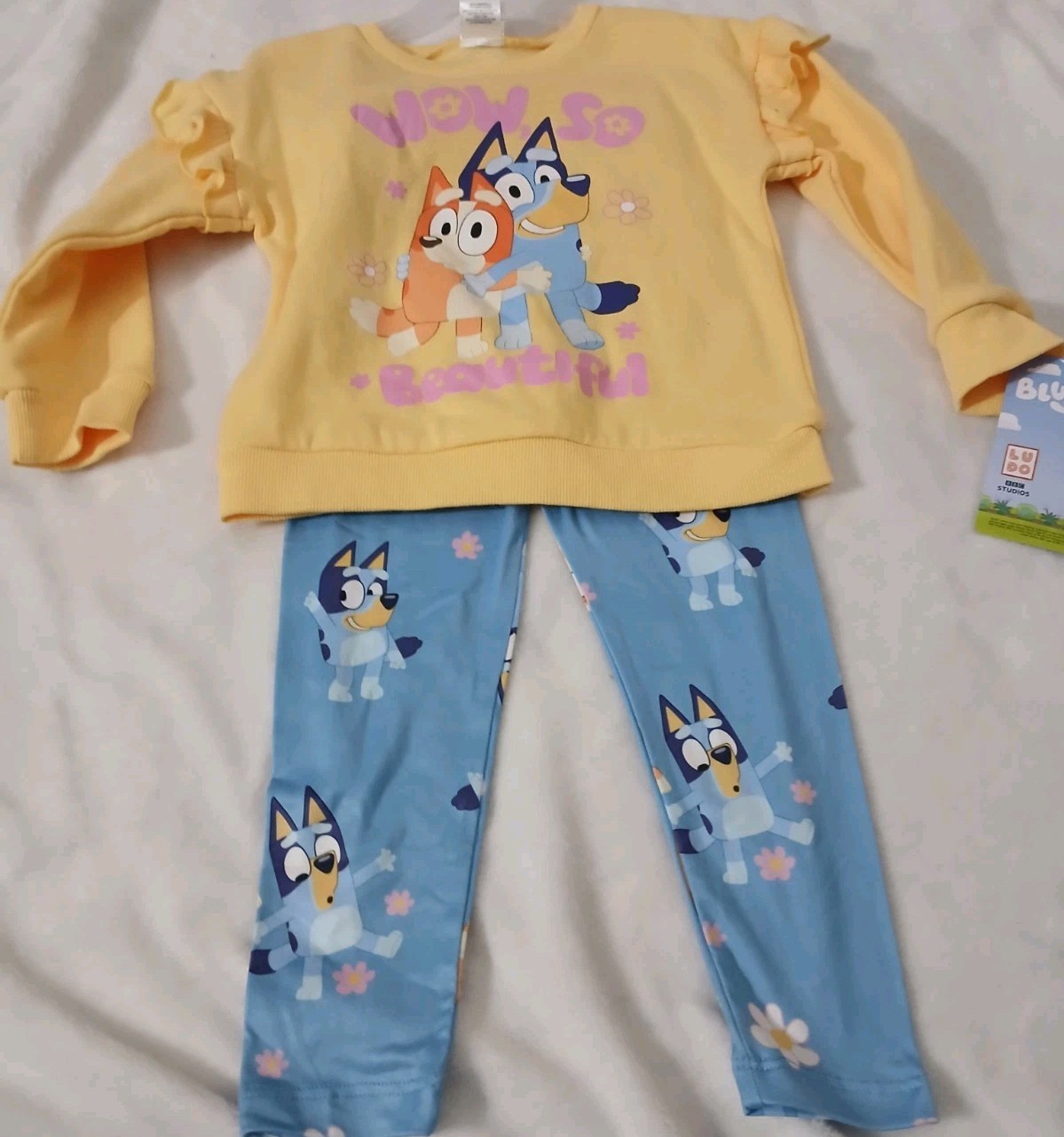 Toddler Girl’s 2 Piece Bluey Outfit Yellow Sweatshirt With Leggins Size 24m