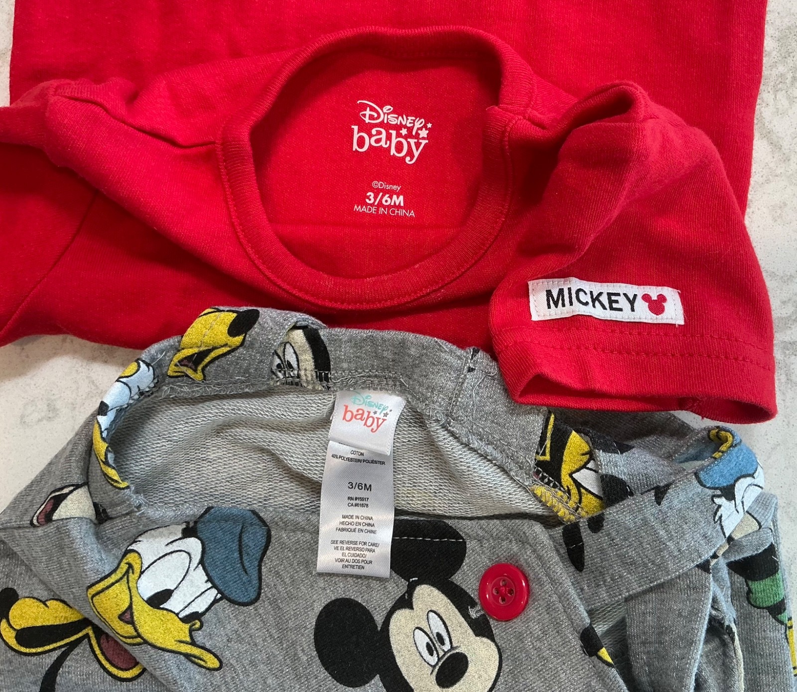 Disney Mickey Set of 2 Romper Red Tee 3-6 Mo Baby Gray Multi Pluto Goofy Outfit