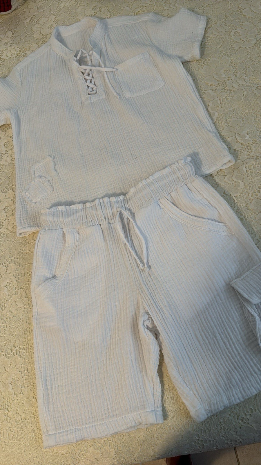 White Cotton Gauze 2-Piece Pants & Shirt Set 18M Short Sleeve Button