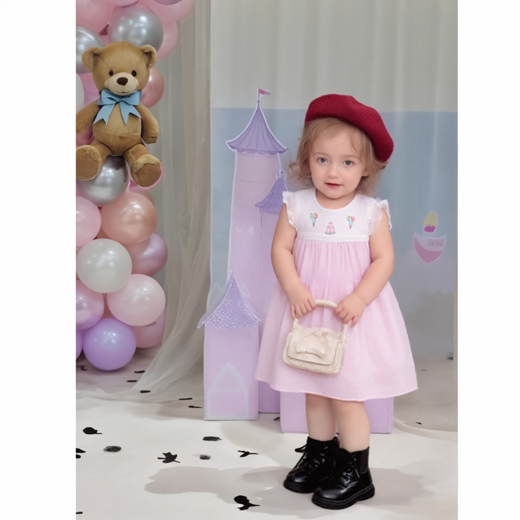 Pink Birthday Cake & Balloons Hand Embroidered Dress