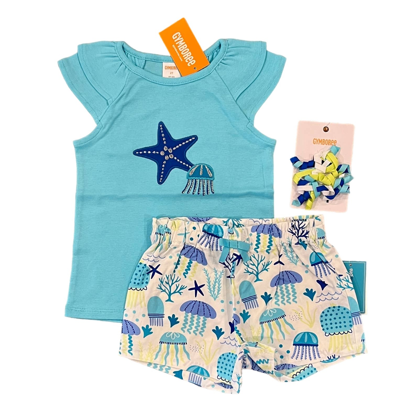 NWT Gymboree Applique Starfish Top, Jellyfish Shorts & Hair Clip – SIZE 12-18M