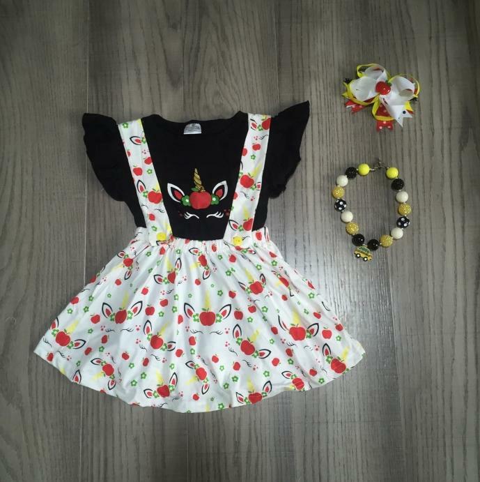 NEW Boutique Unicorn Apple Suspender Skirt Back to School Outfit Set