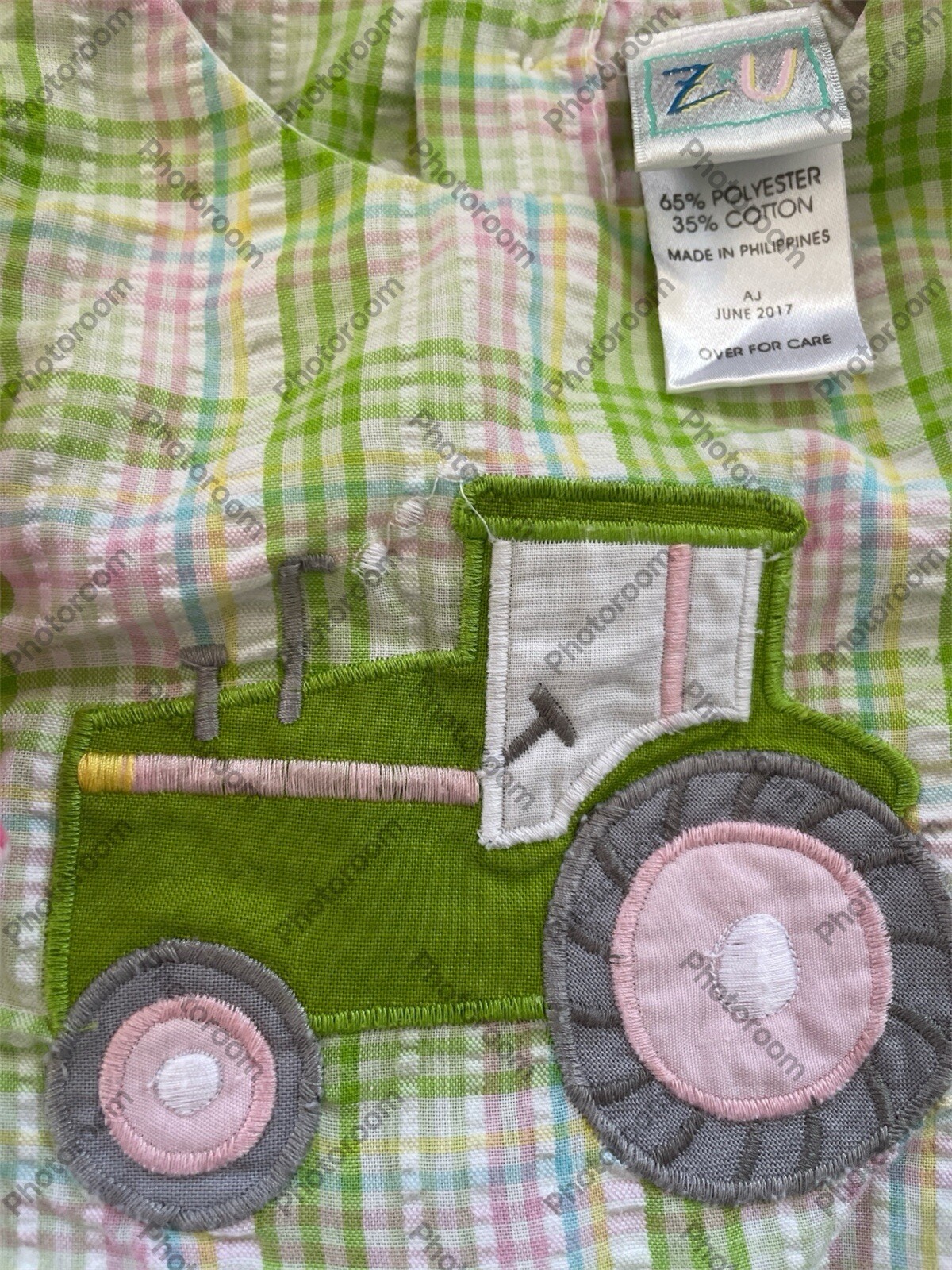 Zu EUC Pink/Green Plaid Seersucker Applique Tractor Ruffled Top & Bloomer-6Mos