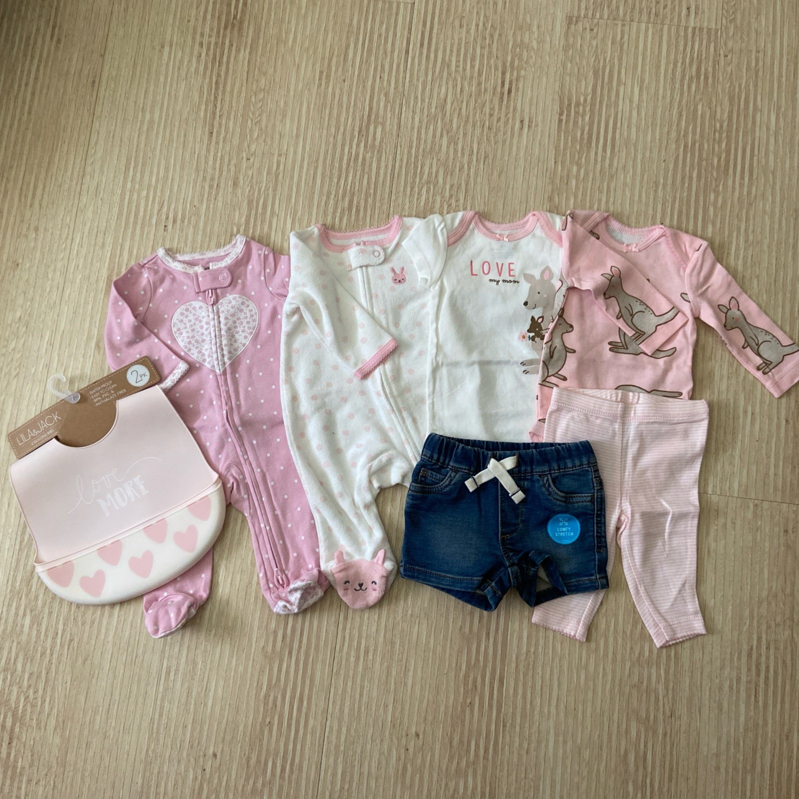 NWT Carters Lot Of Baby Girls Clothes 3mo With 2 Silicone Bibs