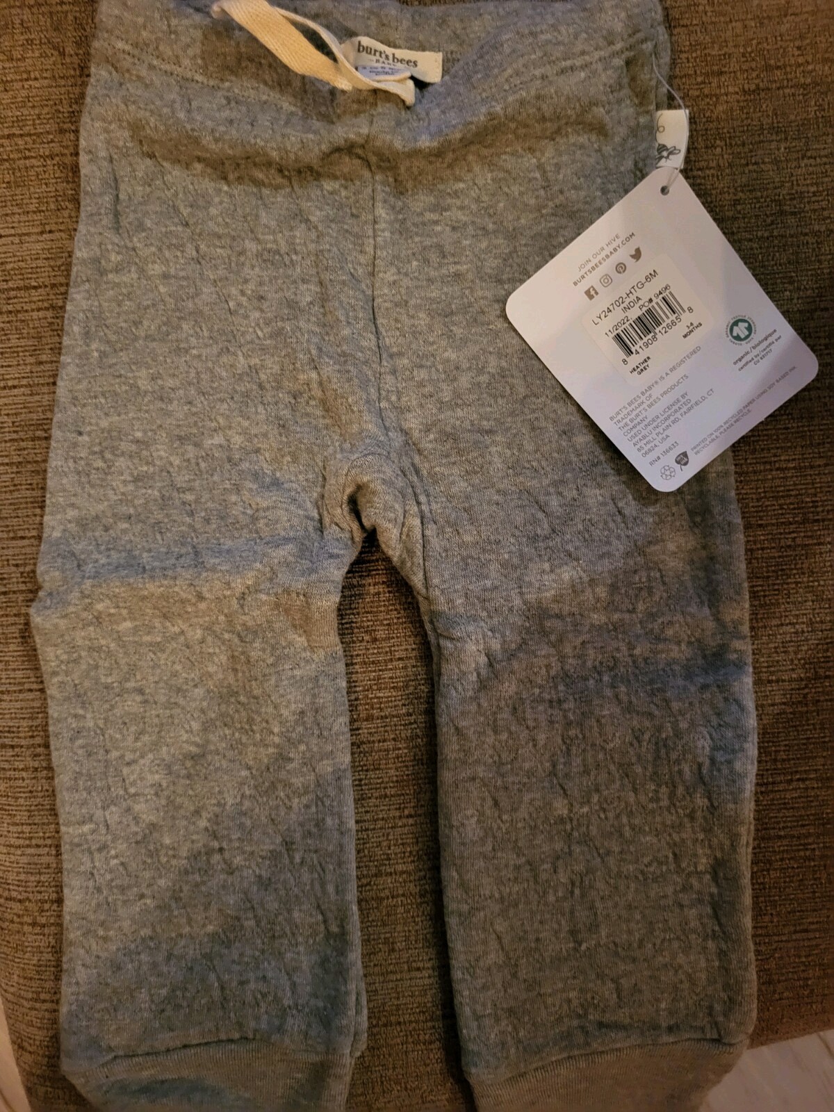 NWT Burts Bees Baby 3-6 100% Organic Cotton Matelassé Outfit Jacket Pants Gray