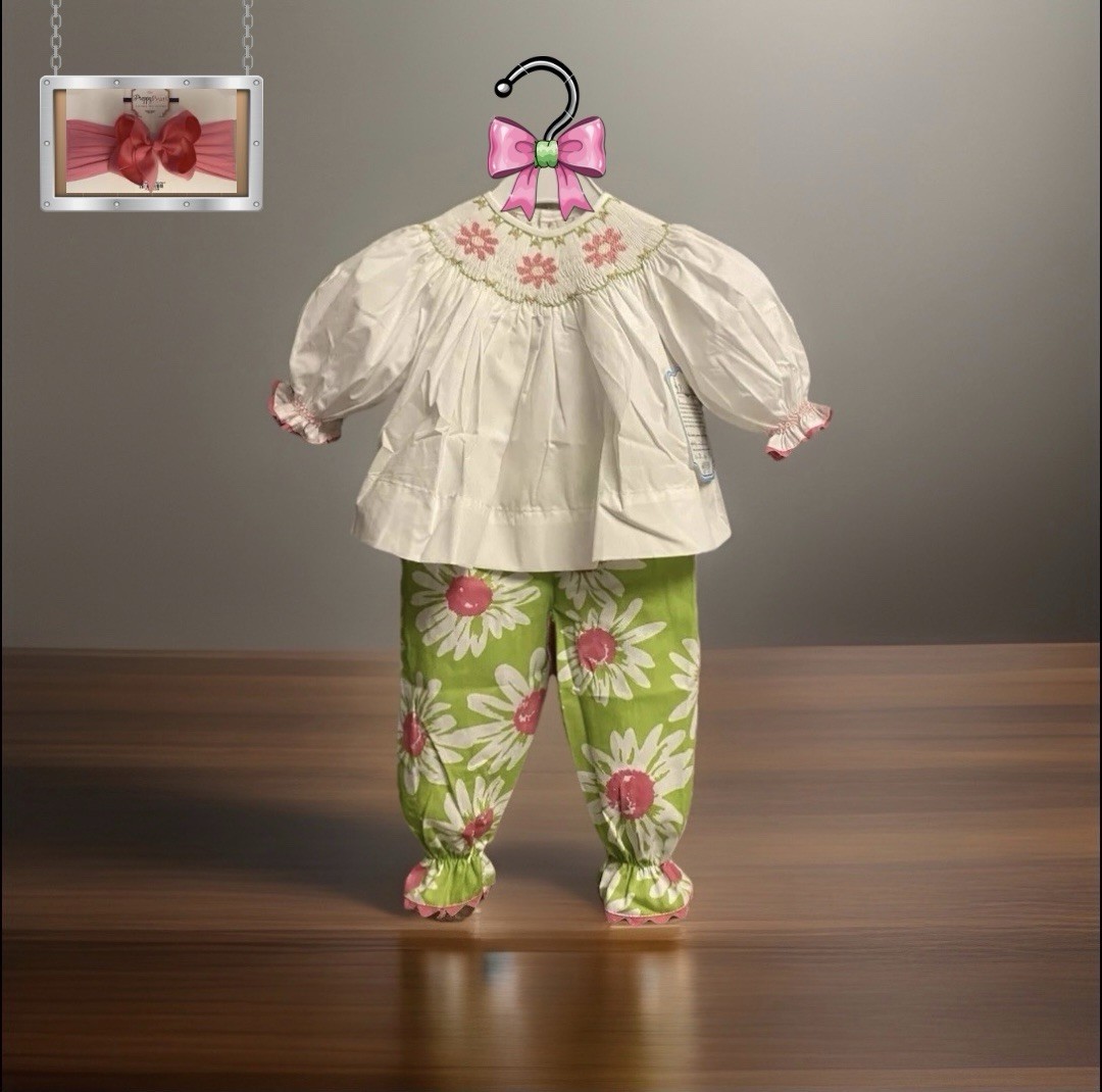 Girls NWT Remember Nguyen Smocked Pants Set Dress Shirt Free Bow 3 Months