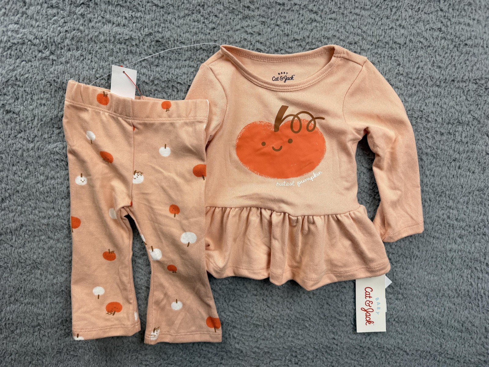 Cat & Jack Outfit Set Baby Girls 3-6 Months Peach Pumpkin Ruffle Top Pants Fall