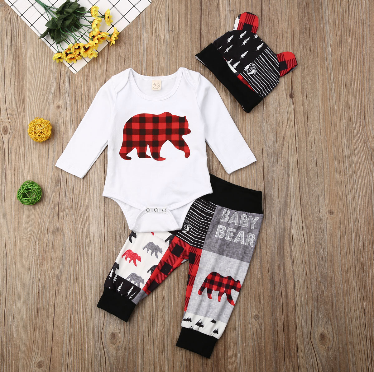 NEW Buffalo Plaid Baby Bear Boys Bodysuit Pants Hat Outfit Set