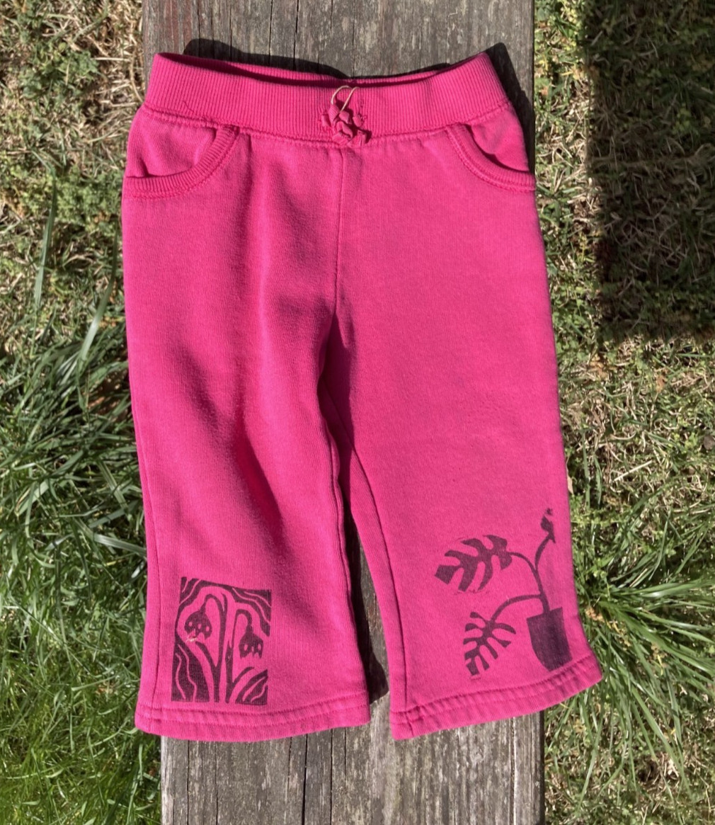Upcycled Plant Pants- Original Linocut Print – baby 18 months