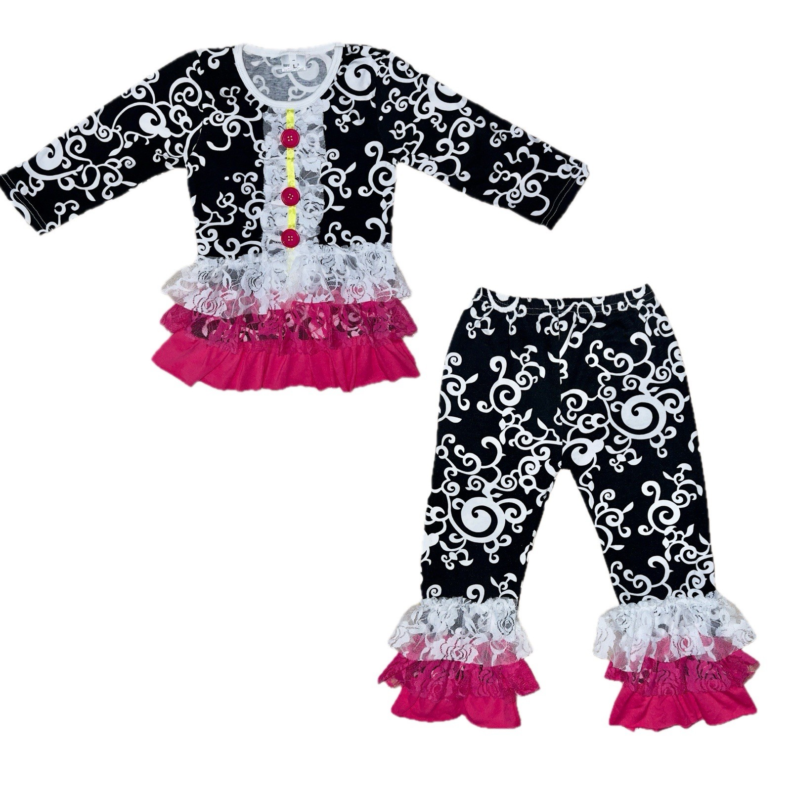 Boutique Girls Outfit Set 18-24M 2T/3T Tunic Pants Black Pink Damask Cotton Lace