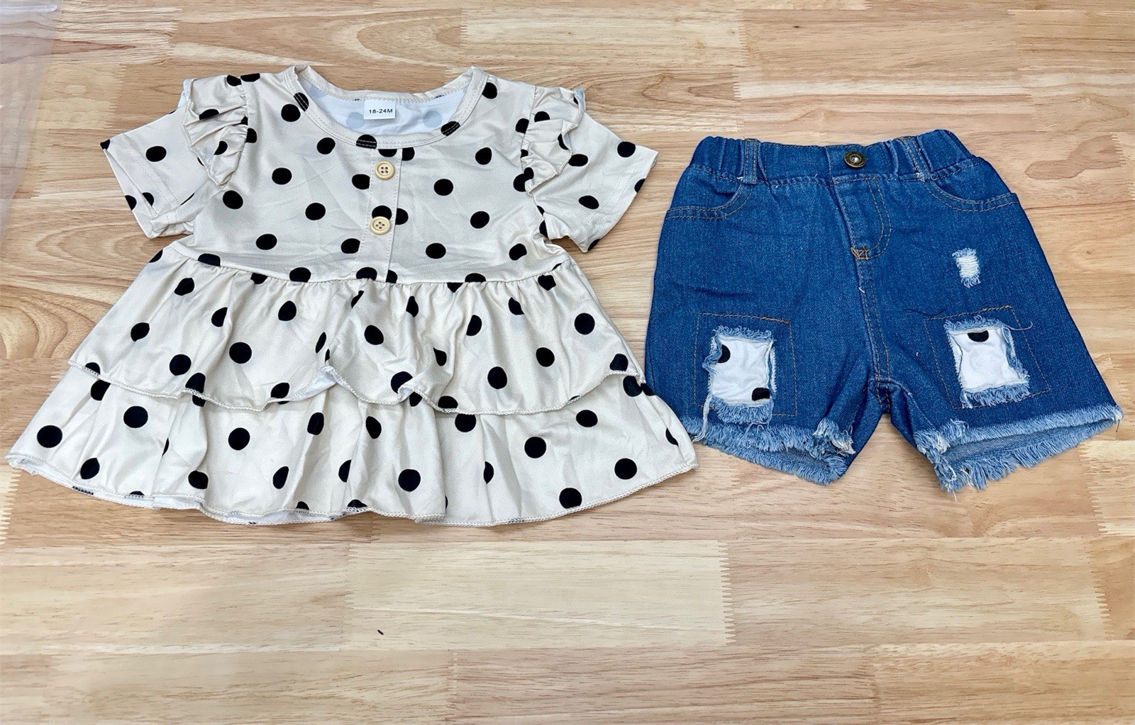 18-24mo Girls Cute Frilly Polka Dot Top And Jean Shorts Set
