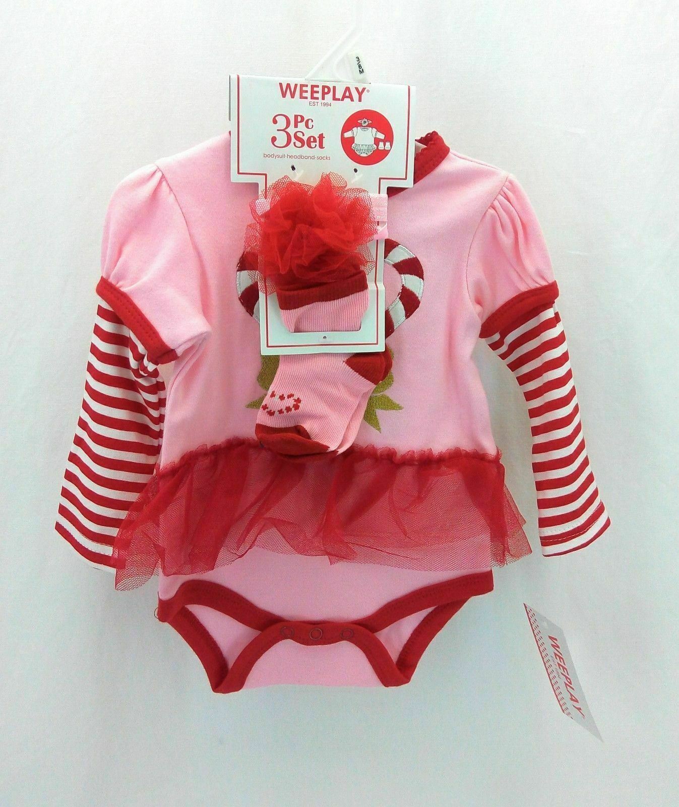 WeePlay Infant Girls Christmas 3 Piece Set Long Sleeve Red Pink Size 3-6 Mths