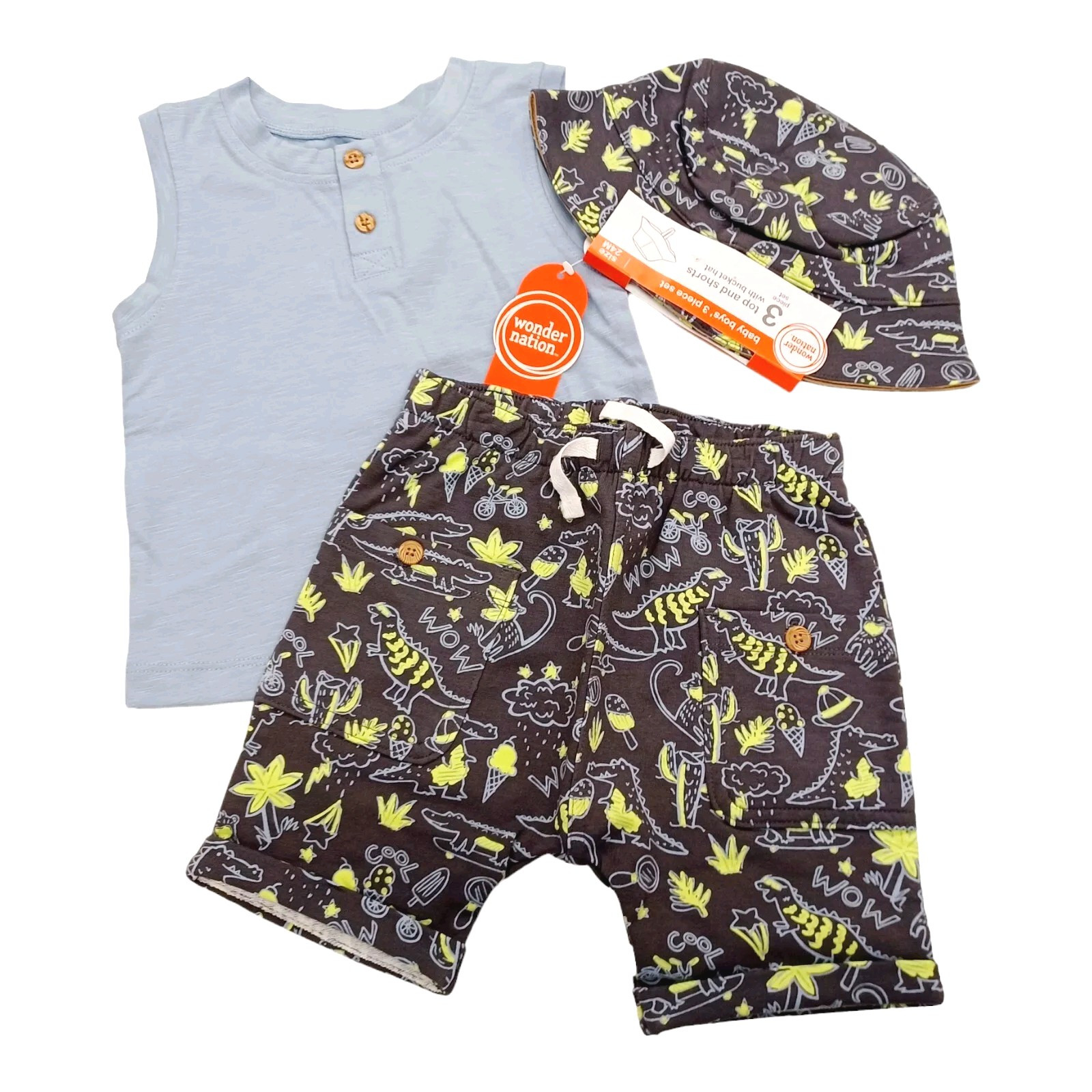 Shorts Set w/Bucket Hat: 24M Boys 3 Pc Dinosaurs Tank Top Wonder Nation