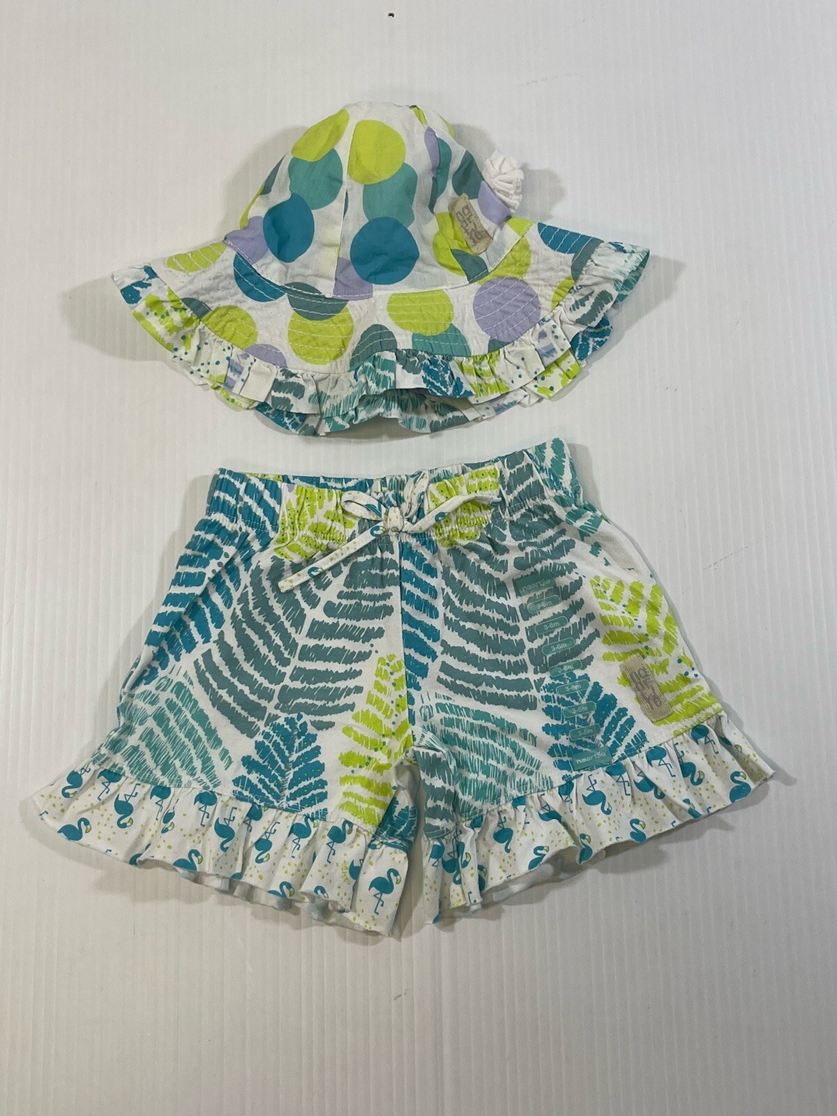Naartjie Girls 100% Cotton Tropical Flamingo Shorts Bucket Hat 2Pc Set 3-6Mo