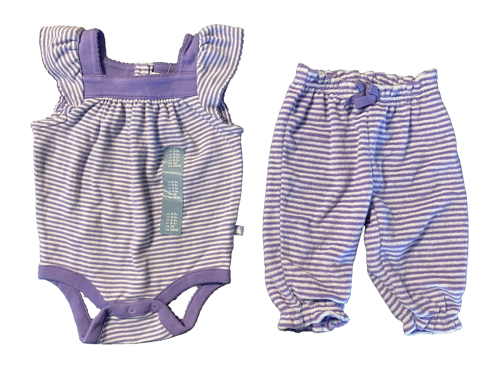 baby Gap NWT Girls 0 3 Mo Purple Striped Set – Knit Romper & Terry Pants