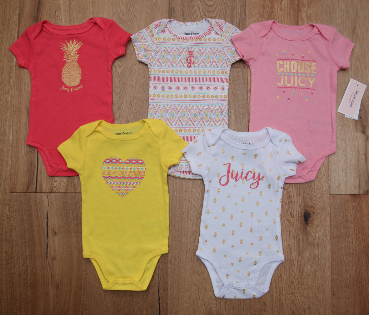 Juicy Couture Baby Girl 5 Pc Bodysuit Set~Pink, White, Yellow & Gold ~Pineapple