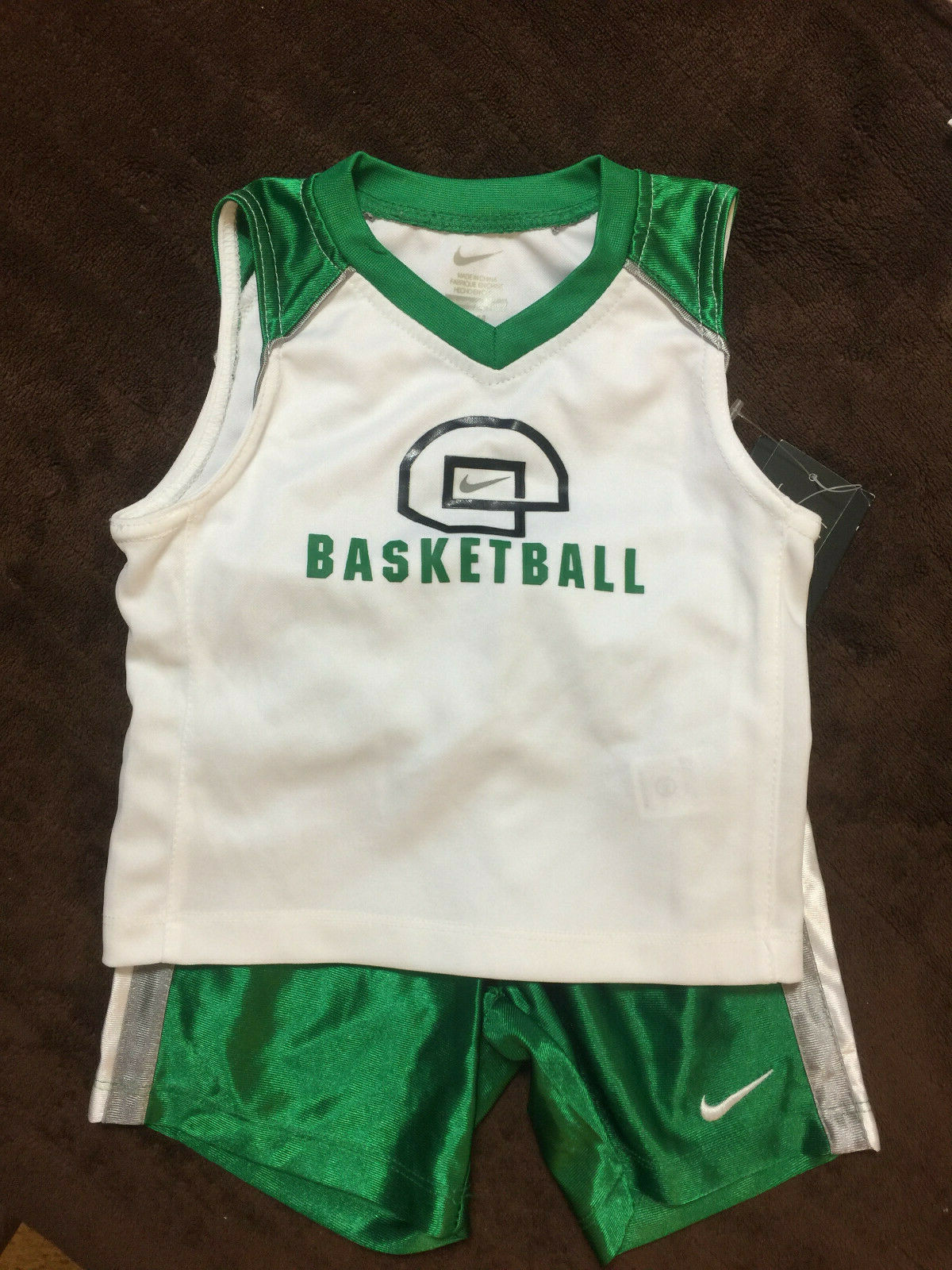 NWT NIKE 2 Piece Set, White Shirt, Green Basketball Shorts, 12 M Pls Read
