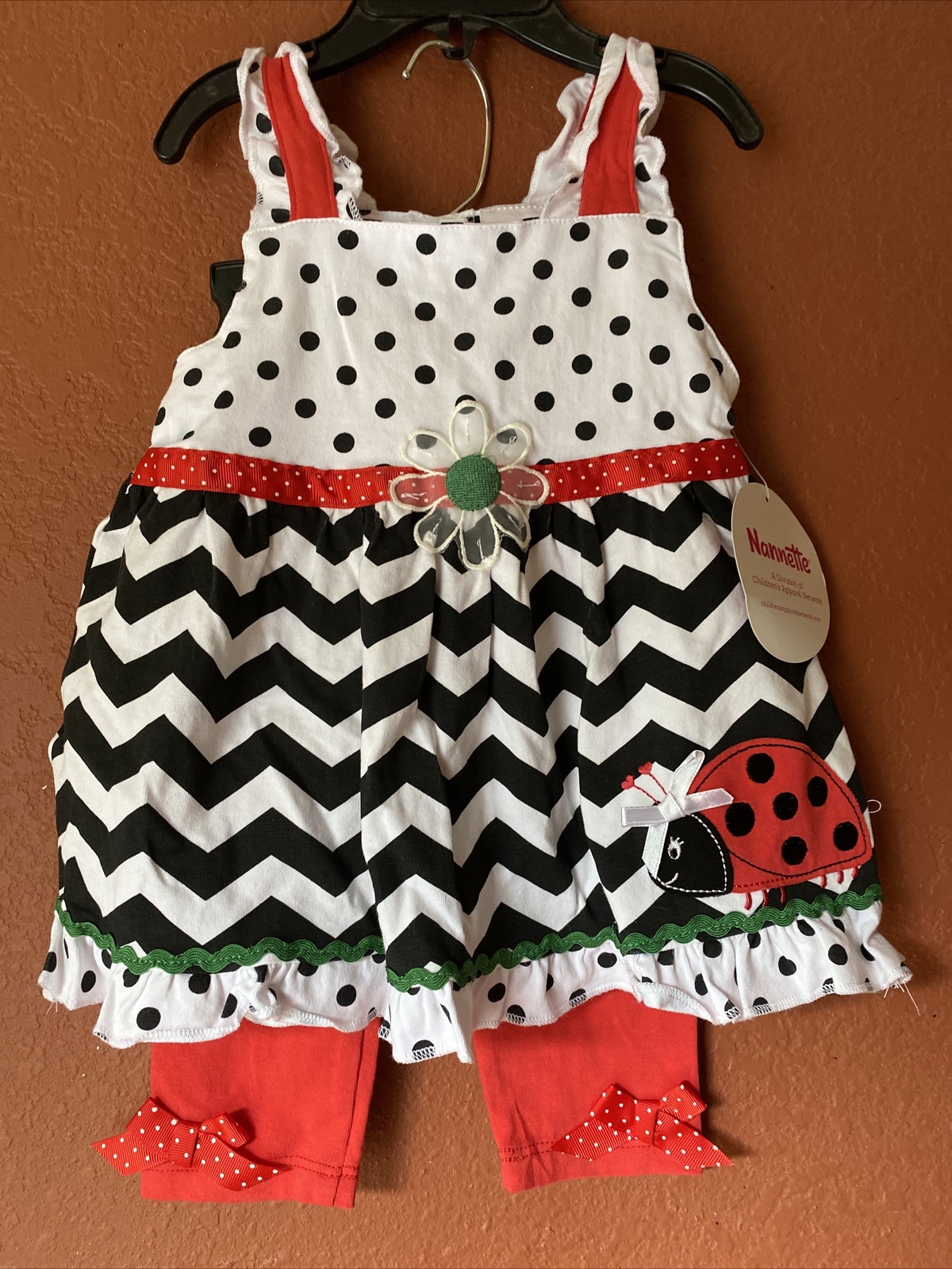 Girls Nannette 2 Pc Red White Black Chevron Ladybug Tunic Top & Leggings Sz 24M
