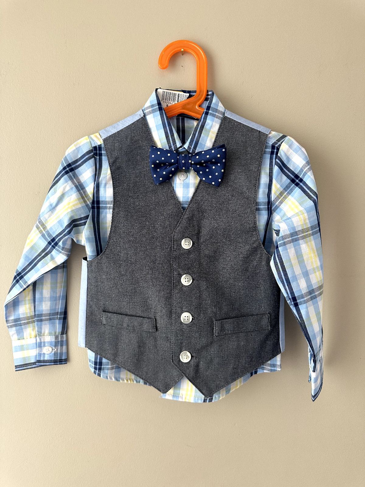 Nautica Boy’s 3 Piece Blue/Yellow Dress Shirt, Grey Vest Blue Bowtie Set Size 3T