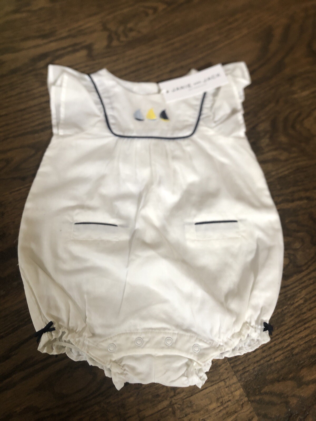 NWT Janie and Jack girl SUMMER 3-piece sailor boat white romper bow SET 12 18