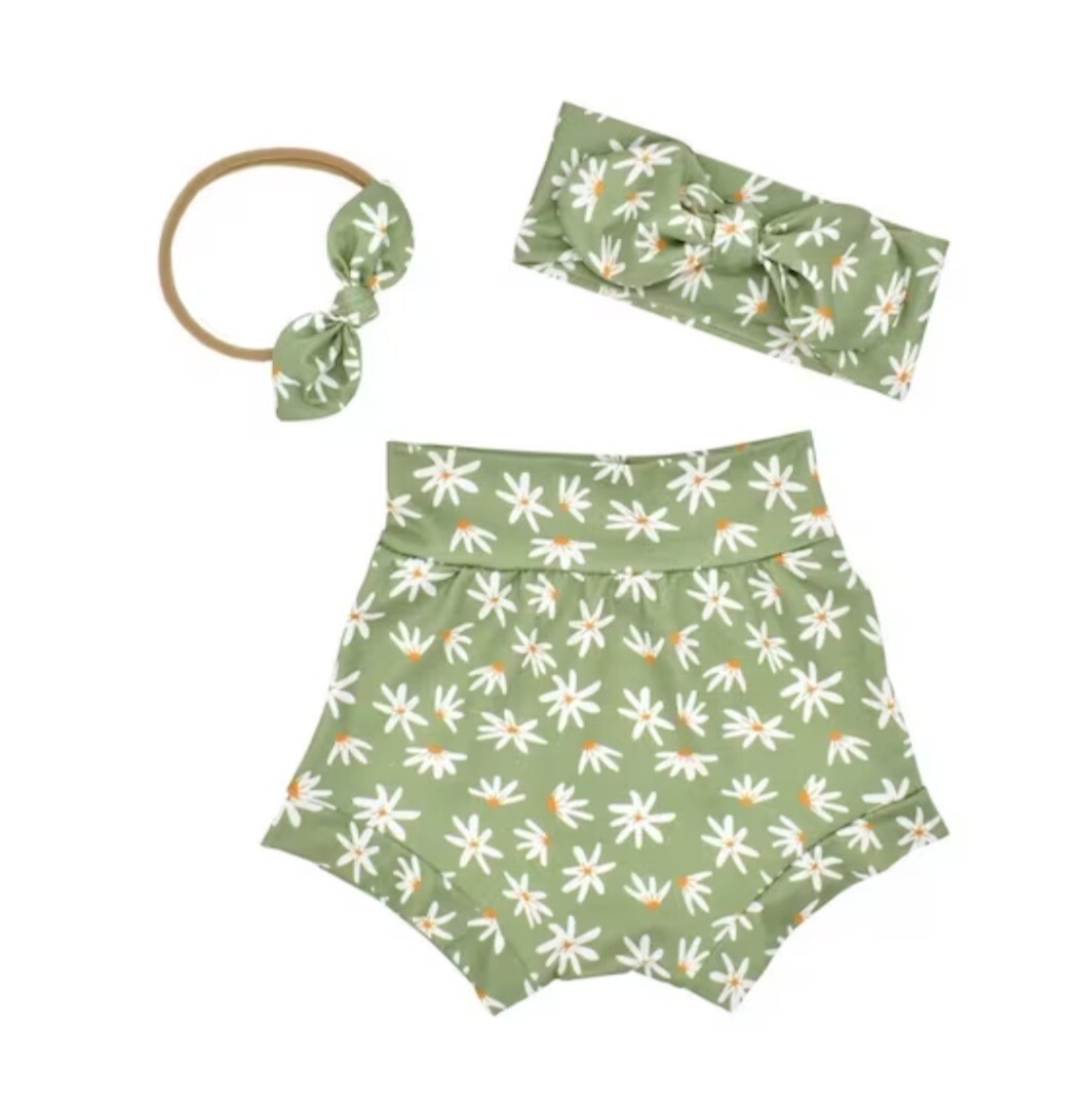 Boho Baby Girl 3Pcs Outfit Floral High Waist Bummie Set Sage Green 18-24 Months
