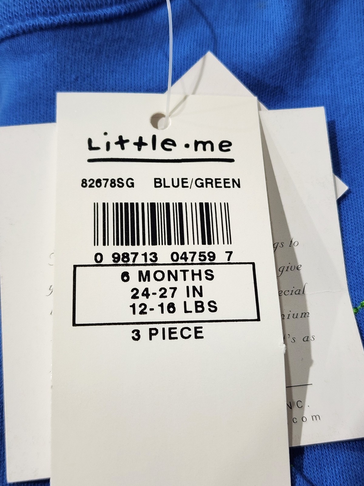 6 Month Little Me Baby 3 Piece Frog Applique Romper, Shirt, Cap Green and Blue