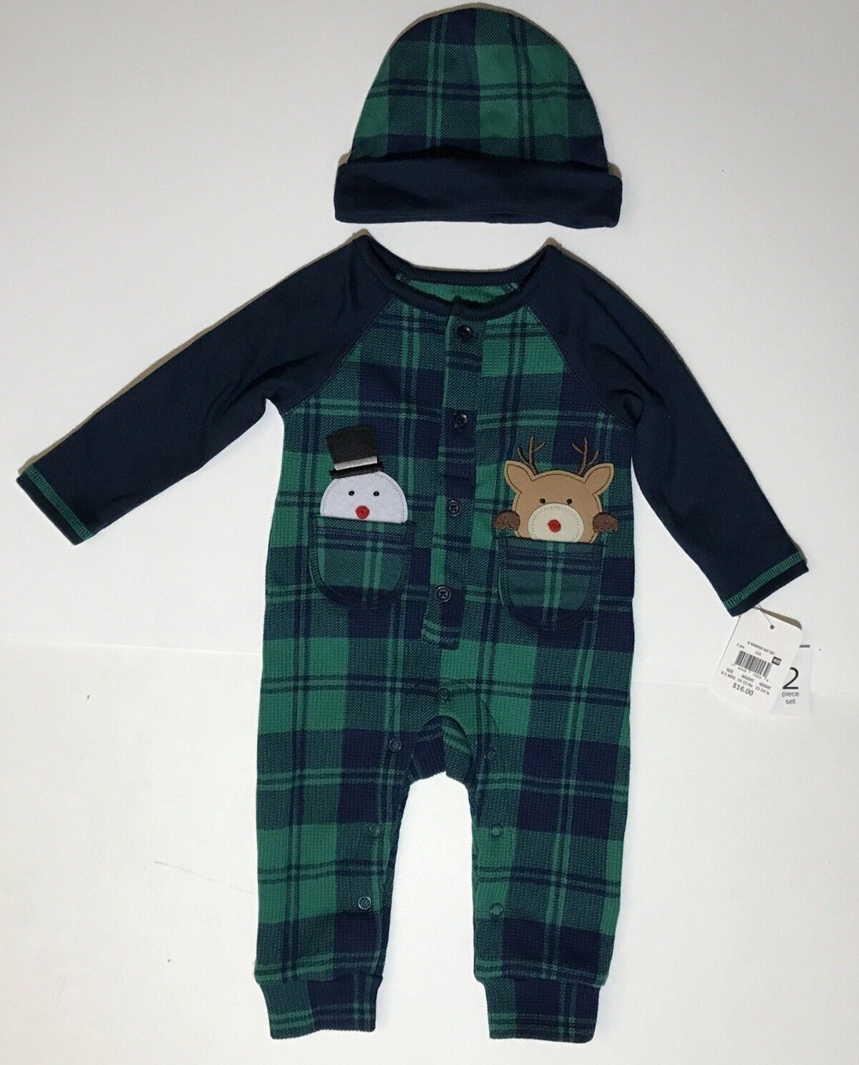 Lullaby Lane 2 Piece Green/Blue Plaid Romper & Hat Set- Sizes 0-3m NEW