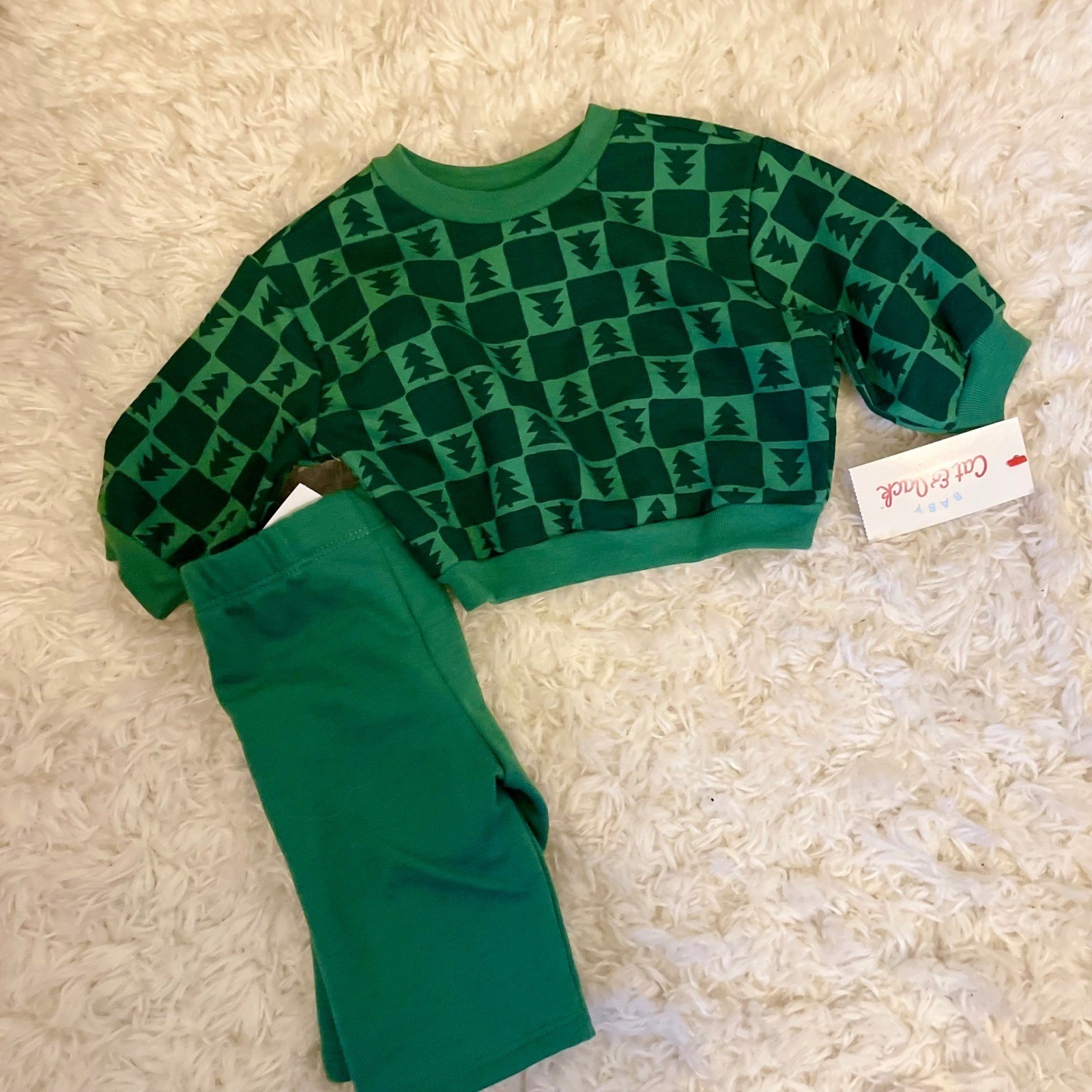 Cat & Jack Baby Green Tree Checkered Long Sleeve Sweatshirt Pants Outfit NB