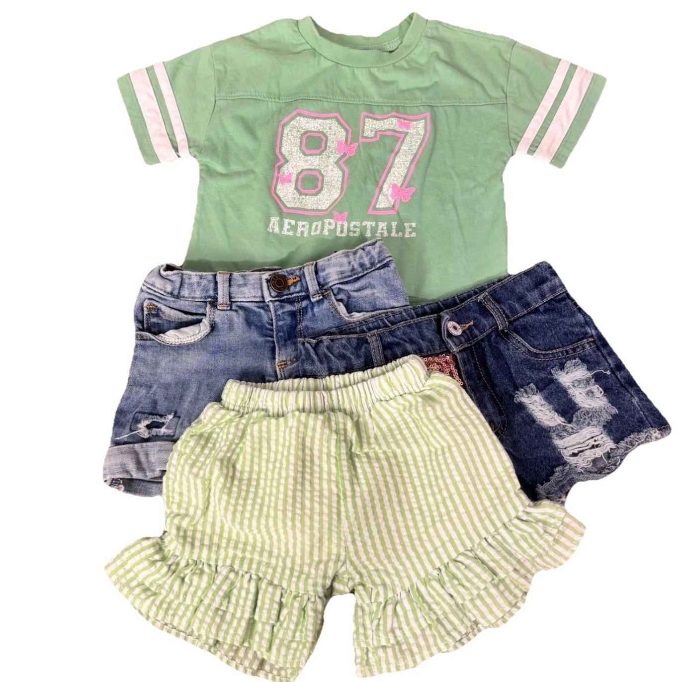 Aeropostale Old Navy Girls 4T XS Bundle Shorts Graphic Tee Green Blue Seersucker