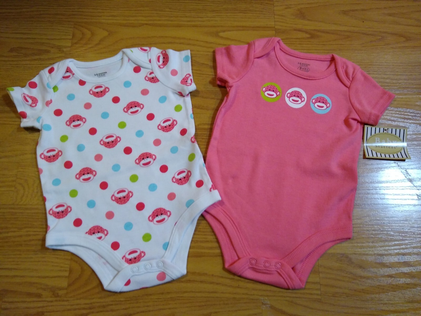 Baby Starters Bodysuits 3-6 Months Sock Monkey Set Girls SS Infant 2 Pack NEW