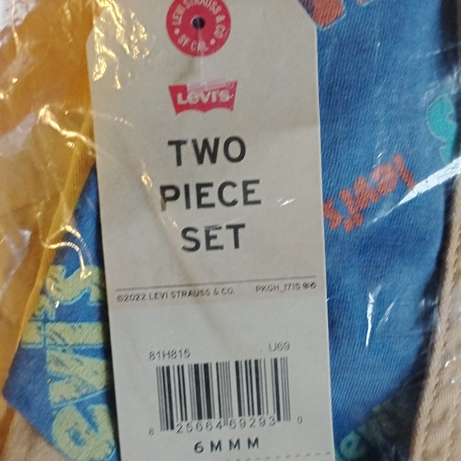 Levi’s 2 Piece Overall and T-Shirt Set Beige Blue Logo Print Button 6MMM