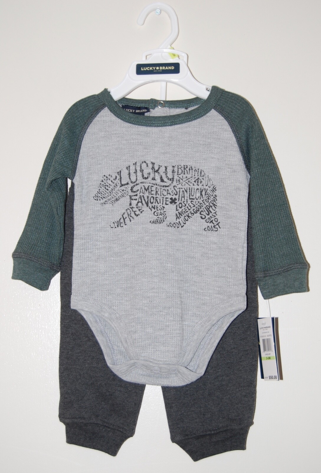 NWT Lucky Brand Infant Boys Green & Gray LS Bear Logo Thermal Shirt & Pants Set