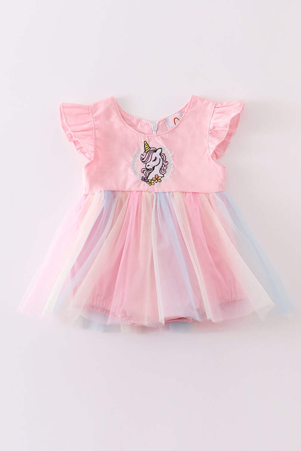 Girl’s Boutique Rainbow Unicorn Ruffle Embroidered Bubble Romper Dress
