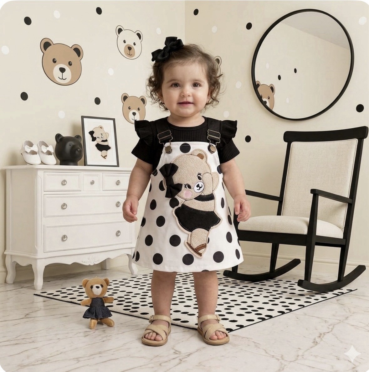 New 2pc Baby Girls Black Romper & Overall Dress. Size 9-12 Months
