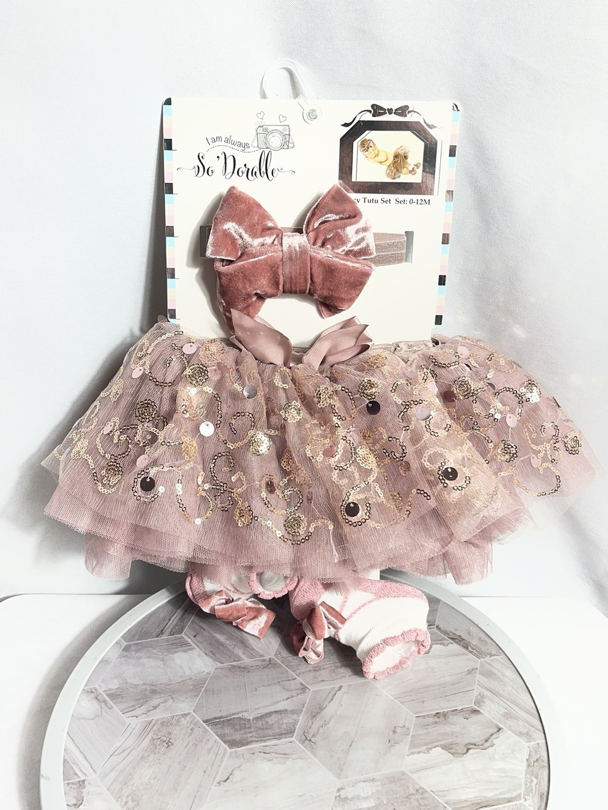 So Dorable Baby Pink Sequin Tutu Set 3Pc 0-12M Bow Booties NWT