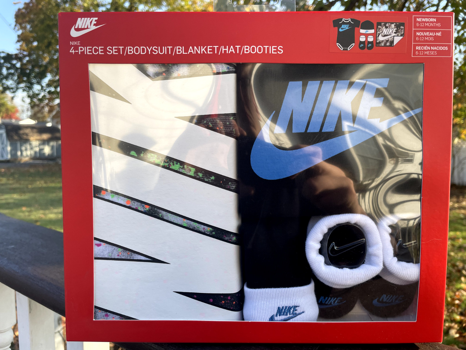 Nike 4 Piece Baby Set, 6-12 Months: Bodysuit, Blanket, Booties, Hat NWT