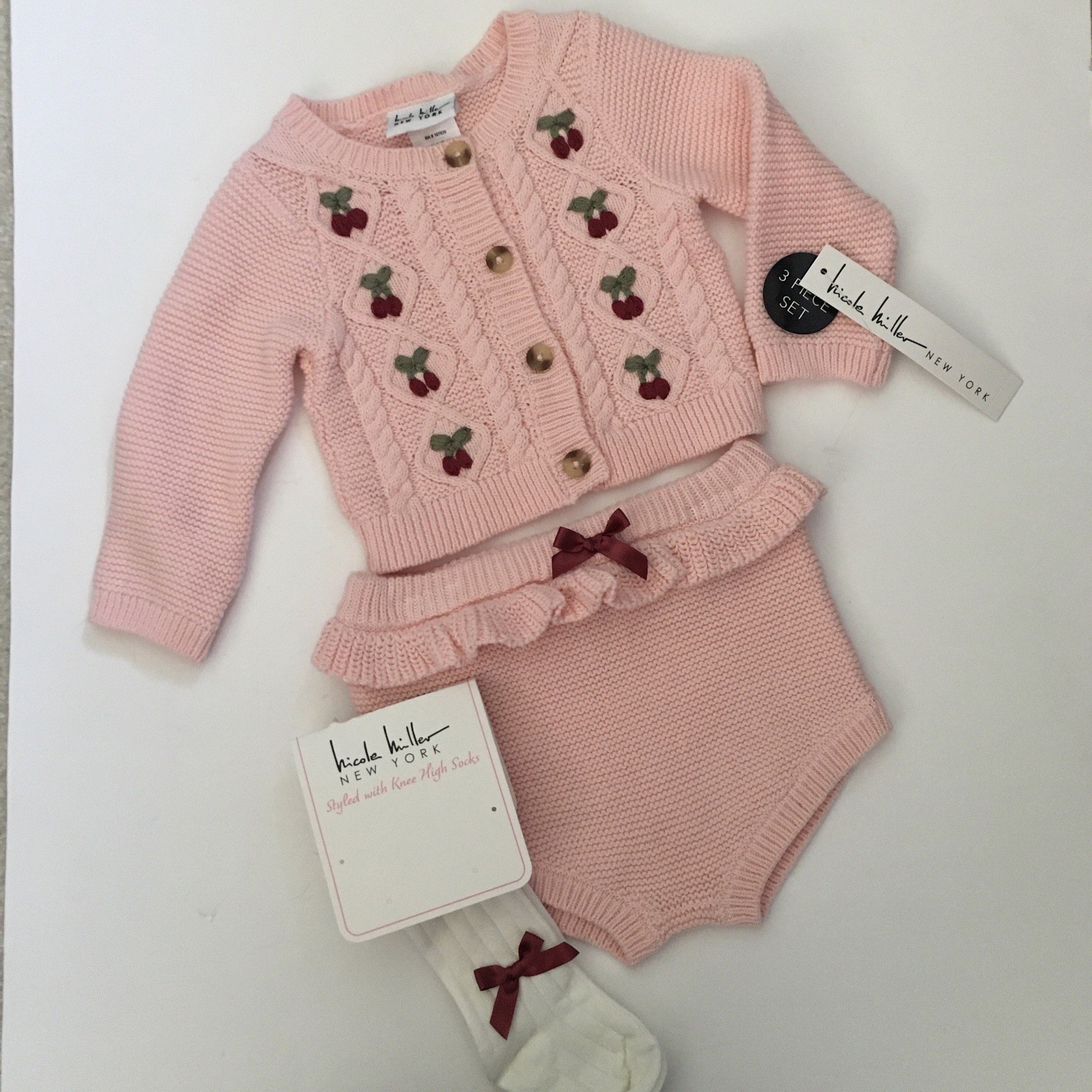 NEW Baby 6-9M Knit Cherry Sweater & Bloomers 3 pc Set Pink | Nicole Miller