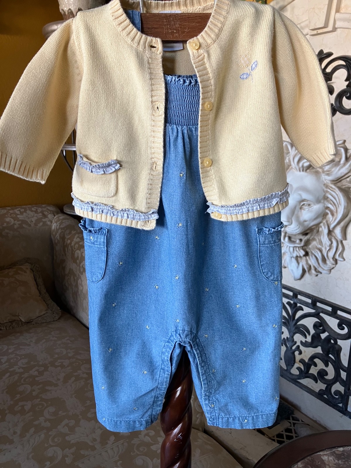 Vtg Gymboree 2003 Garden Patch embroidered overalls cardigan sweater 3-6 6-12