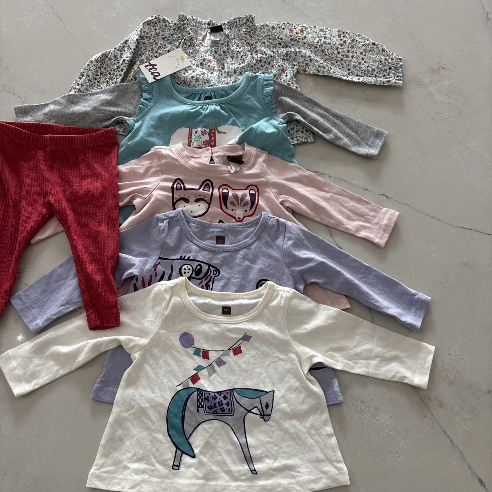 TEA Brand Baby 3-6 Months Girls 6 Piece Lot- 5 Tunics and 1 Pair of Leggings-EUC