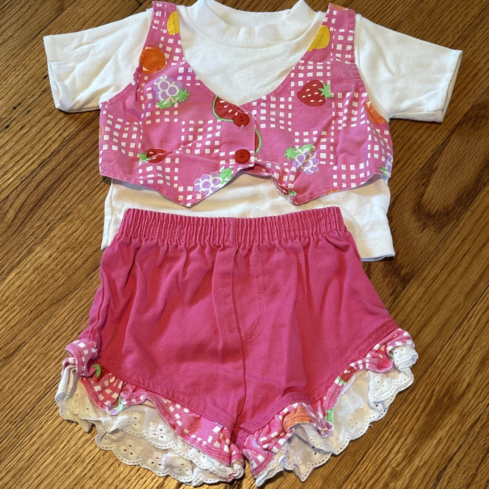 Vtg 80’s Strawberry Girl 12-24 Month Ruffle Shorts Vest Shirt Outfit Set Cotton
