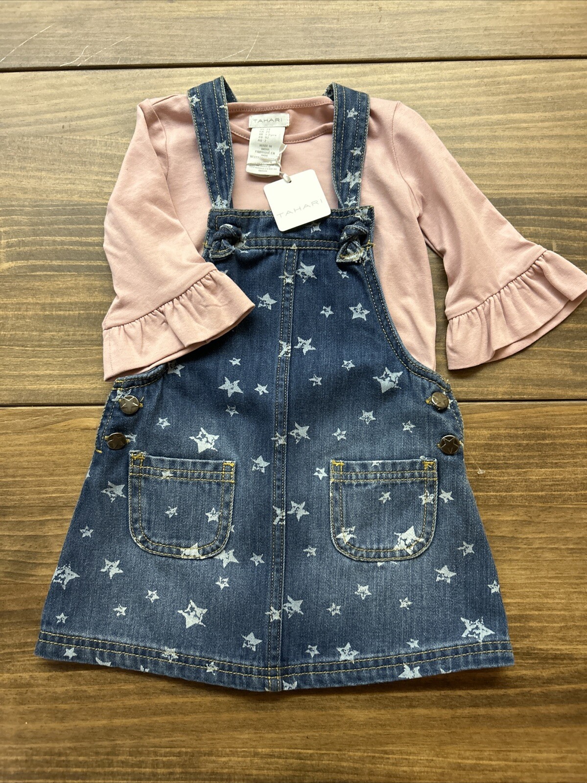 Tahari 2T Girl Denim Overall Dress Jumper w Pink Ruffle Sleeve Shirt NWT